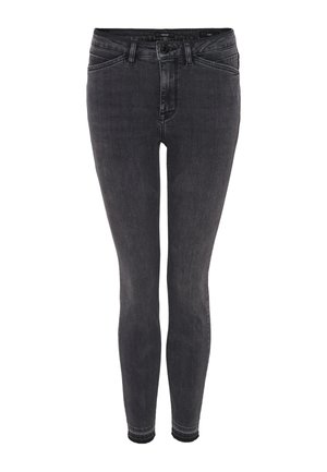 Jean skinny noir en denim, avec une taille haute, une fermeture éclair, des poches avant et une légère décoloration sur l'ensemble.