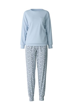 Lichtblauw langemouwen top met een borstzak en elastische manchetten, gecombineerd met een witte en blauwe pyjamabroek met een patroon van bloemen.