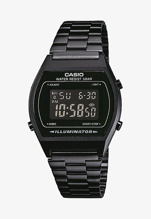 Digital wristwatch with a black stainless steel band, square black face, white numerals, water-resistant up to 5 bar, and an illuminating feature.