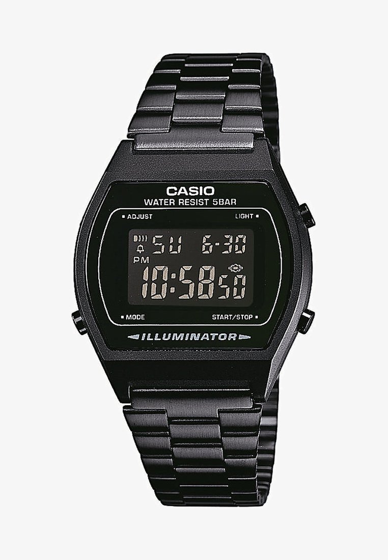 Digital wristwatch with a black stainless steel band, square black face, white numerals, water-resistant up to 5 bar, and an illuminating feature.