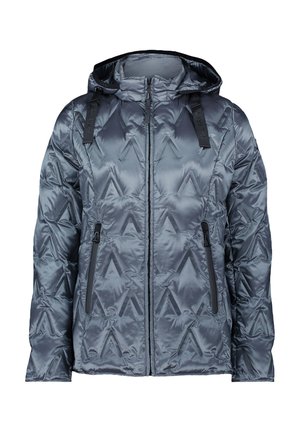 Gepolsterte Jacke in schiefergrau mit geometrischem Muster. Verfügt über eine Kapuze, zwei vordere Reißverschlusstaschen und schwarze Hardware-Akzente.
