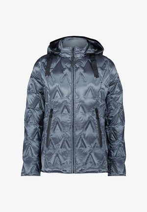 Gepolsterte Jacke in schiefergrau mit geometrischem Muster. Verfügt über eine Kapuze, zwei vordere Reißverschlusstaschen und schwarze Hardware-Akzente.