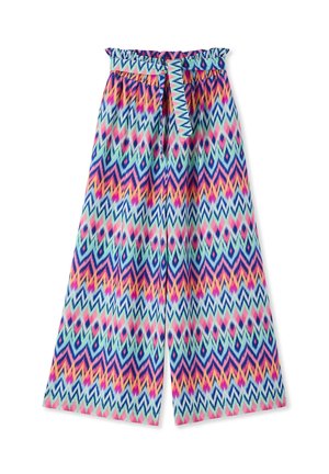 Pantaloni a gamba larga con un motivo a zigzag colorato in rosa, blu, arancione e verde menta, con cintura in tessuto coordinata in vita.