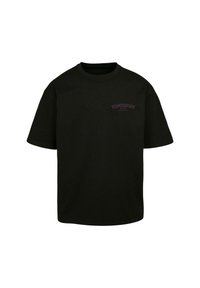 Sort bomulds t-shirt med korte ærmer, med et lilla grafisk logo på venstre brystområde, rund halsudskæring og lige snit.