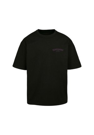 Sort bomulds t-shirt med korte ærmer, med et lilla grafisk logo på venstre brystområde, rund halsudskæring og lige snit.