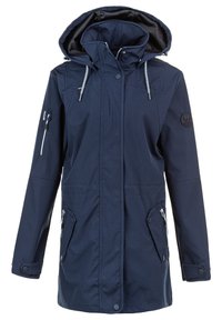 Navy blue waterproof jacket with a hood, zippered pockets, adjustable drawstrings, and a logo patch on the sleeve. Smooth texture.