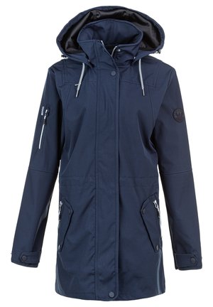Navy blue waterproof jacket with a hood, zippered pockets, adjustable drawstrings, and a logo patch on the sleeve. Smooth texture.