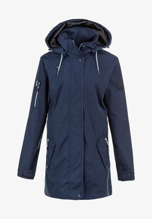 Navy blue waterproof jacket with a hood, zippered pockets, adjustable drawstrings, and a logo patch on the sleeve. Smooth texture.