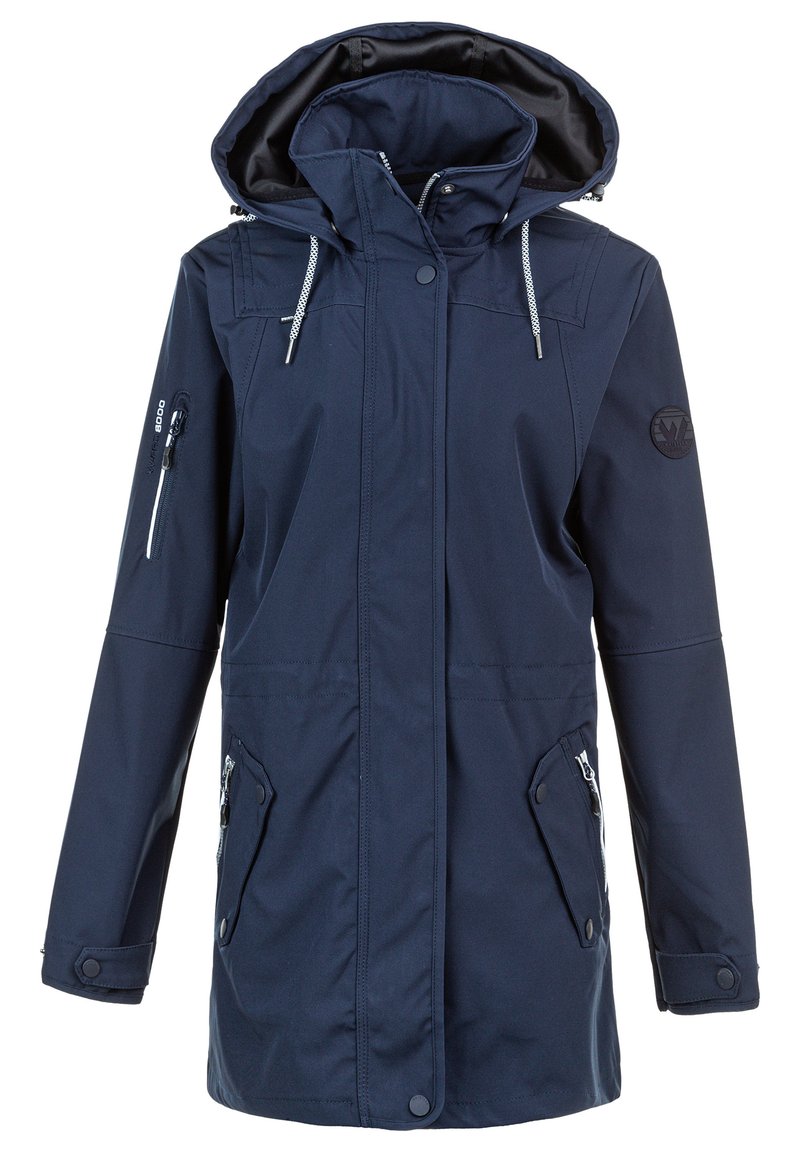 Navy blue waterproof jacket with a hood, zippered pockets, adjustable drawstrings, and a logo patch on the sleeve. Smooth texture.