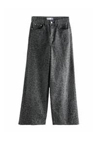 Wide-leg jeans in dark gray with a subtle leopard print pattern, featuring a button closure, five-pocket design, and classic denim texture.