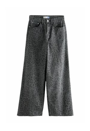 Weite Jeans in Dunkelgrau mit einem dezenten Leopardenmuster, ausgestattet mit einem Knopfverschluss, fünf Taschen und klassischer Denim-Textur.