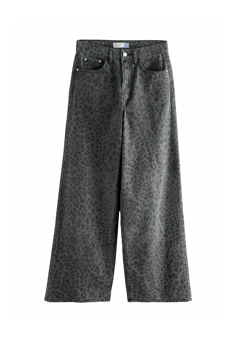 Wide-leg jeans in dark gray with a subtle leopard print pattern, featuring a button closure, five-pocket design, and classic denim texture.