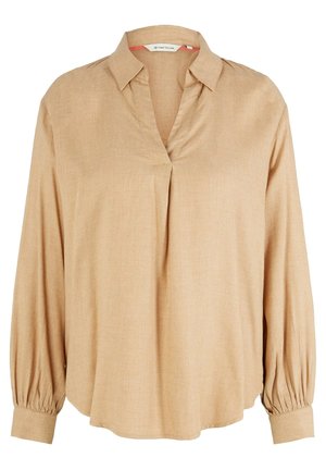 Beige Bluse mit langen Ärmeln, Kragen, V-förmigem Ausschnitt, gesammelten Manschetten und lockerem Schnitt.