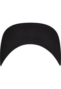 Black fabric half visor with a curved shape, featuring textured surface and stitching details, designed to fit comfortably on the forehead.