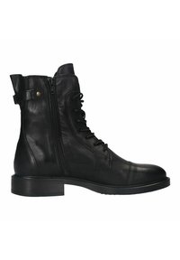 Zwarte leren enkelboot met een ronde neus, vetersluiting aan de voorkant, een zijrits en een lage blokhak voor stabiliteit. Glad oppervlak met minimale accenten.