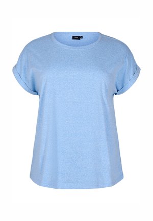 Svetlo modra majica s kratkimi rokavi in okroglim ovratnikom, sproščenega kroja s spuščenimi manšetami. Narejena iz mehke, zračne tkanine z rahlo melirano teksturo.
