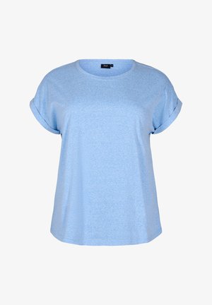 Svijetloplava kratkotrajna majica s kratkim rukavima, okruglim izrezom, opuštenog kroja i s prevrnutim manžetama. Izrađena od meke, prozračne tkanine s blagom heather teksturom.