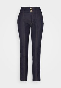 Mörkblå denimbyxor med hög midja, två knappar i guldton och kontrasterande sömmar. Har raka ben och sidofickor.