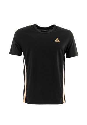 T-shirt in cotone nero con colletto rotondo, maniche corte e strisce laterali beige. Logo dorato sul petto. Texture morbida.