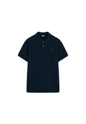 Polo de manga corta azul marino con cuello, tapeta de dos botones y pequeño logo bordado en el lado izquierdo del pecho.