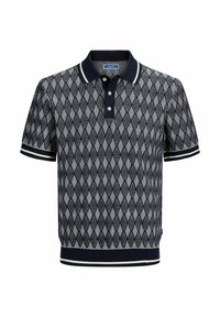 Polo en maille à manches courtes bleu marine et blanc à motif, avec trois boutons, col, poignets et ourlet rayés.