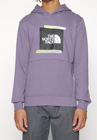 Sudadera con capucha morada con un gráfico frontal en negro que presenta el logo de "THE NORTH FACE" y el lema "NUNCA DEJES DE EXPLORAR". Tejido suave.