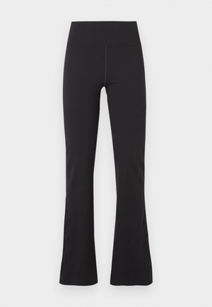 Black flared pants with a high waistband. Made from stretchy material, featuring a smooth texture and minimal stitching detail.