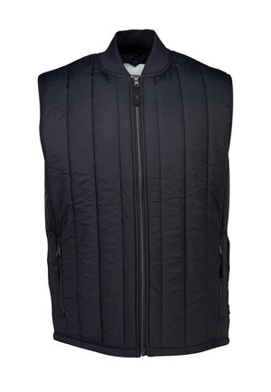 Padded black vest with a zip front, ribbed collar, and horizontal stitching. Features two side pockets and a straight hem.