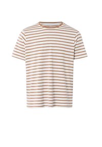 Koszulka z krótkim rękawem w białym kolorze z brązowymi poziomymi paskami. Model z okrągłym dekoltem o miękkiej, gładkiej teksturze.
