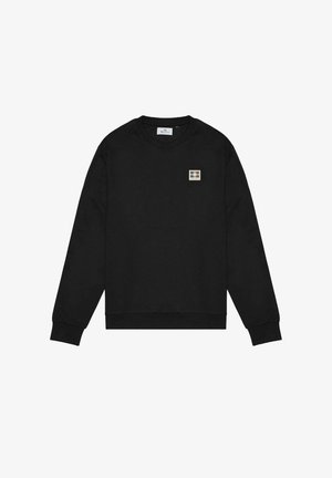Felpa nera in cotone, con colletto rotondo, maniche lunghe e un piccolo logo rettangolare sul petto. Texture liscia.