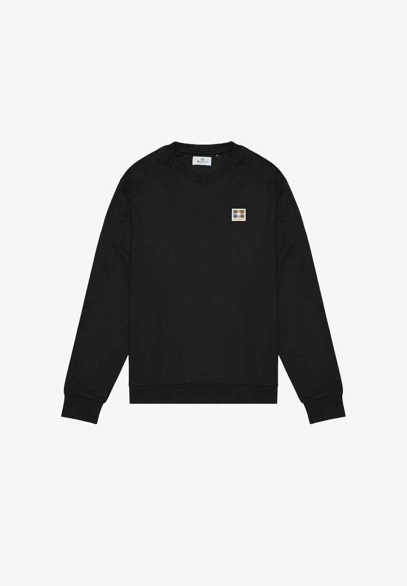 Felpa nera in cotone, con colletto rotondo, maniche lunghe e un piccolo logo rettangolare sul petto. Texture liscia.