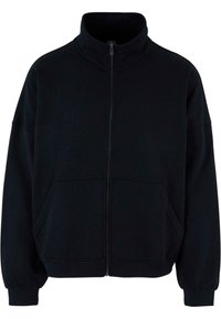 Črnen zip-up pulover z visokim ovratnikom, dolgimi rokavi in stranskimi žepi. Narejen iz mehkega blaga s sproščenim krojem in rebrastimi manšetami.