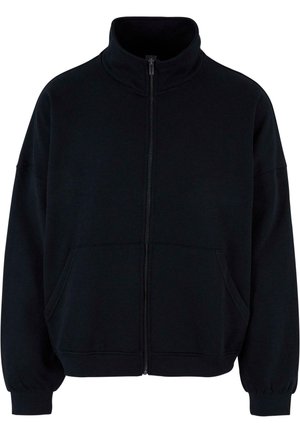 Black zip-up sweatshirt with a high collar, long sleeves, and side pockets. Made from soft fabric with a relaxed fit and ribbed cuffs.