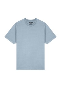 T-shirt en coton bleu clair avec un col rond et des manches courtes. Présente un design uni et une étiquette de logo à l'intérieur du col.