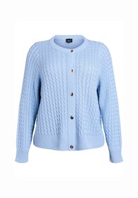 Svetlomodrý pletený kardigán s okrúhlym výstrihom, zapínaním na gombíky vpredu a rebrovanými manžetami a lemom. Má lesklé zlaté gombíky.
