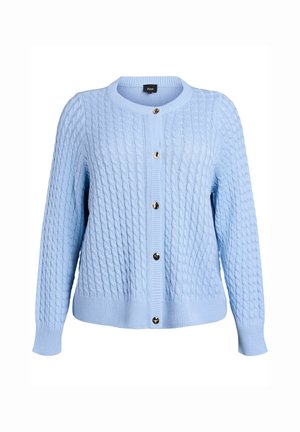 Gaiši zils kabelveida adījuma kardigans ar apaļu kakla izgriezumu, priekšpusē ar pogu aizdari un ribotām aprocēm un apakšu. Aprīkots ar spožām zelta krāsas pogām.