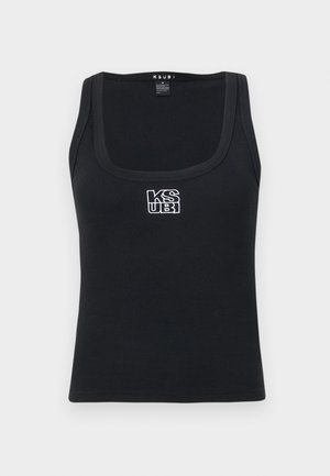 Top in maglia nera a coste con scollatura quadrata e logo ricamato bianco sul davanti. Realizzato in un materiale elastico.