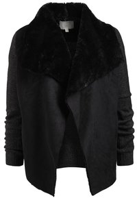 Black jacket featuring a faux fur collar, a mix of textured fabrics, and an open front design with long, ribbed sleeves.