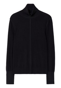 Musta trikoopaita pehmeästä kankaasta, pitkät hihat, jossa on hieman suppilo kaula-aukko ja ribbeen käänteet. Siisti, minimaalinen muotoilu.