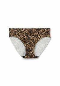 Leopardprint bikini slip van een glad, rekbaar materiaal. Voorzien van zwarte afwerking en een lichtgekleurde binnenvoering.