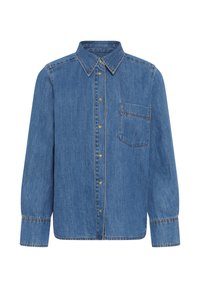 Μπλε πουκάμισο από denim με μακριά μανίκια, κλείσιμο με κουμπιά μπροστά και μία τσέπη στο στήθος στην αριστερή πλευρά.