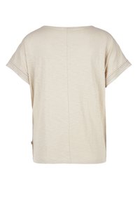 Beige short-sleeve women's top with lace trim on sleeves and central seam running vertically on plain fabric back view.