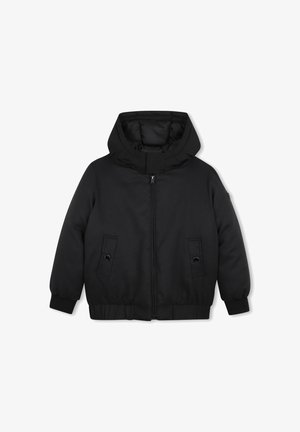 Schwarze wattierte Kapuzenjacke mit Frontreißverschluss, zwei geknöpften Taschen sowie elastischen Bündchen und Bund.