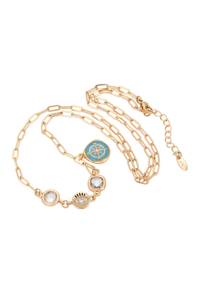 Collana in oro con ciondolo a forma di bussola blu, due gemme quadrate trasparenti e un ciondolo d'occhio in oro con strass.