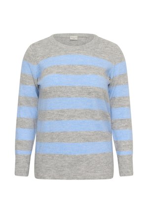 Grey and blue horizontally striped long-sleeve knit sweater with crew neckline and ribbed cuffs.