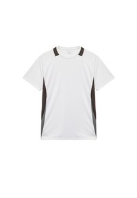 Valkoinen urheilupaita lyhyillä hihoilla, jossa on tummanruskeat ja harmaat sivupaneelit sekä crew neck -muotoilu kevyessä materiaalissa.