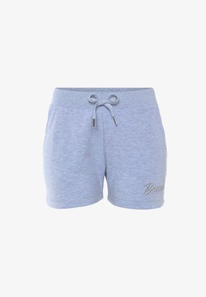 Jasnoniebieskie szorty z bawełny z domieszką, z elastyczną talią na sznurek, z haftowanym napisem "Berrys" w srebrnym kolorze na przodzie i kieszeniach bocznych.