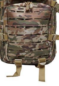 Camouflage tactical backpack with nylon material, featuring horizontal slits, adjustable straps, and tan hardware accents.