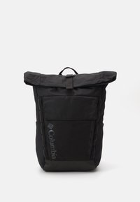 Black backpack with a roll-top closure, featuring a front pocket and side zipper. Made of durable fabric with a textured finish and logo detail.