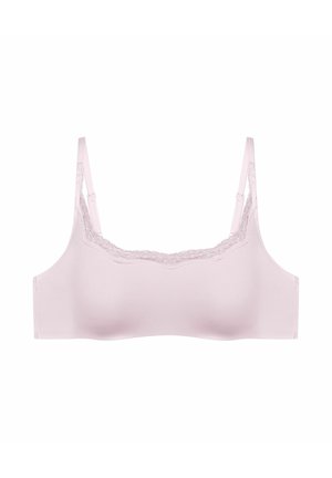 Jasnoróżowy biustonosz wykonany z gładkiego materiału z koronkowym wykończeniem na dekolcie. Posiada regulowane ramiączka i bezszwowy design.